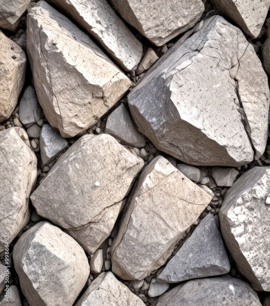 Poster a close-up view rocky surface, with various gray and brown stones arranged in a pattern