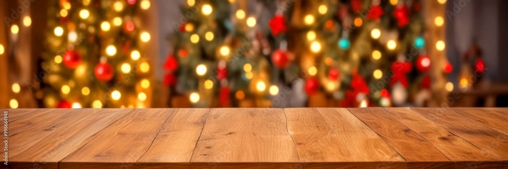 Poster a wooden table sits in the foreground, its surface reflecting the warm glow of christmas lights in t
