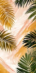 a vibrant abstract pattern of tropical leaves in various shades of green, yellow, and brown against a pink and white background