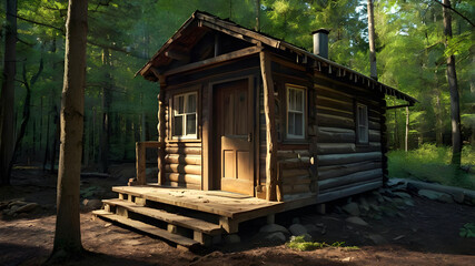 A rundown cabin in thick woods door ajar shadows hint at lurking