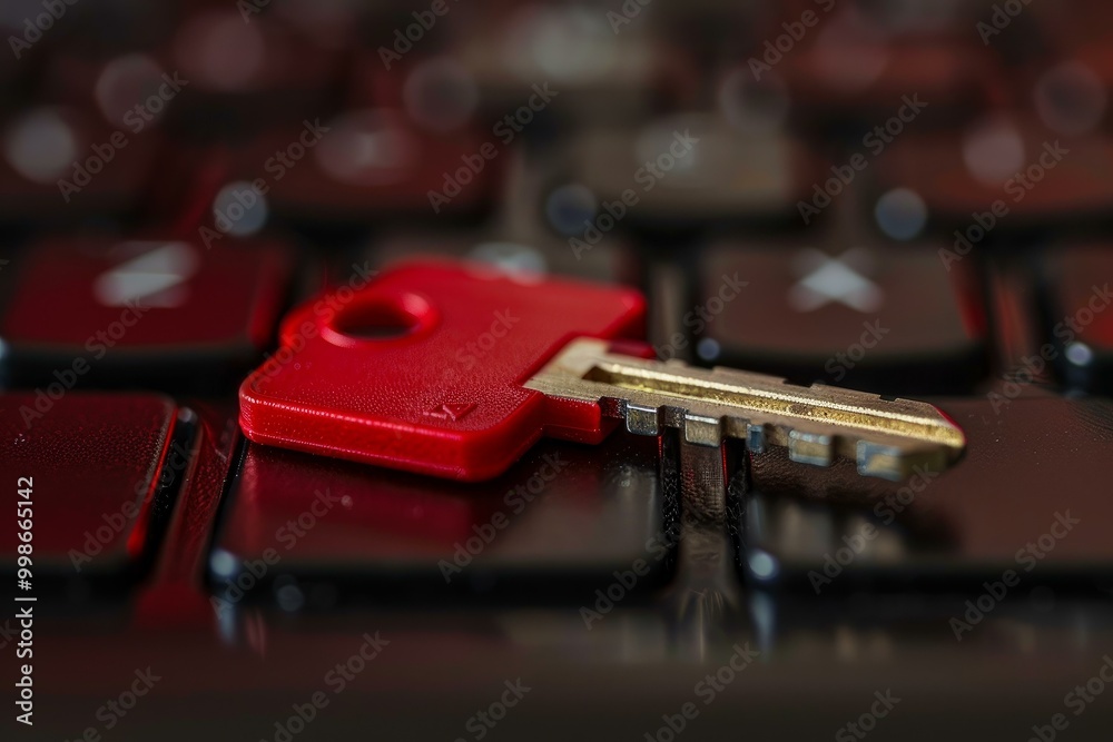 Poster red key sitting on a black computer keyboard representing cybersecurity