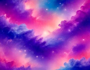 Naklejka premium a vibrant, cosmic scene with a gradient of purple, pink, and blue hues, dotted with twinkling stars The sky is filled with fluffy clouds, creating a sense of depth and