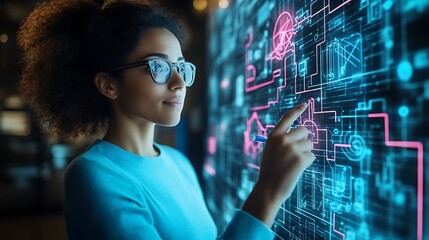 A young woman engages with a digital interface, where innovation, networks, and data drive futuristic possibilities.