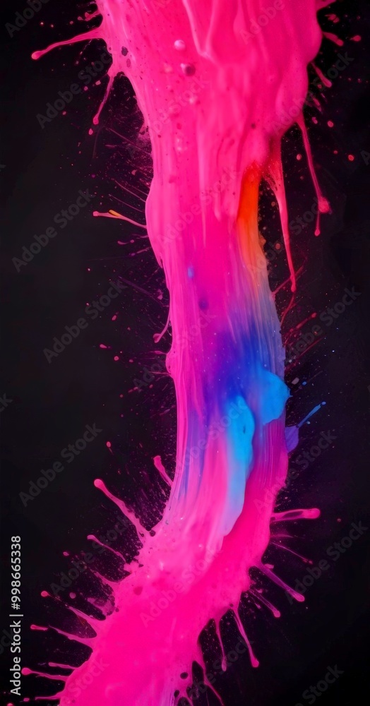 Poster a vibrant splash of pink and blue paint, with splatters and drips creating a dynamic and abstract composition against a dark background