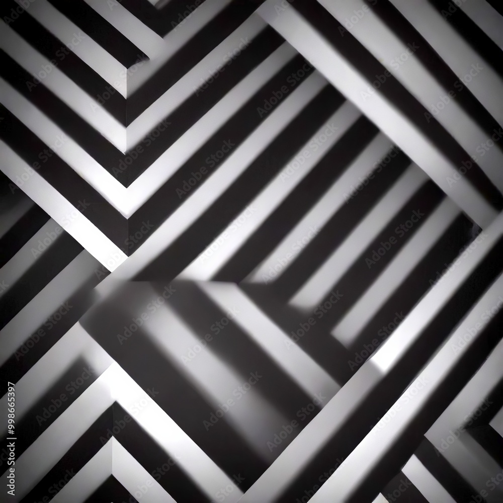 Poster a black and white abstract composition featuring intersecting diagonal lines and a central dark shape, creating a sense of depth and perspective