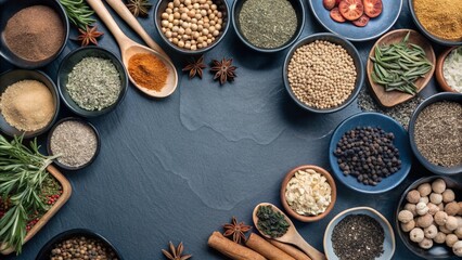 Top view of Herbs and spices isolated on background, ingredients for cooking food, healthy...
