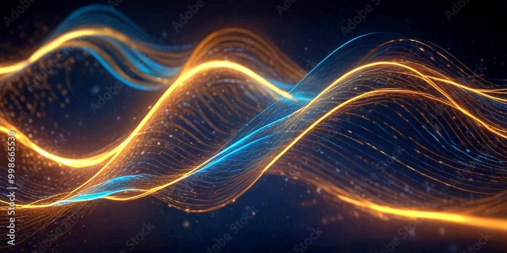 Fototapete a dynamic, abstract representation of waves and particles, with a dark background and a gradient of 