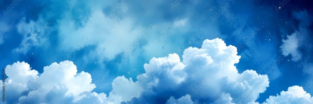 Poster a serene sky with fluffy white clouds and twinkling stars, creating a tranquil and dreamy atmosphere