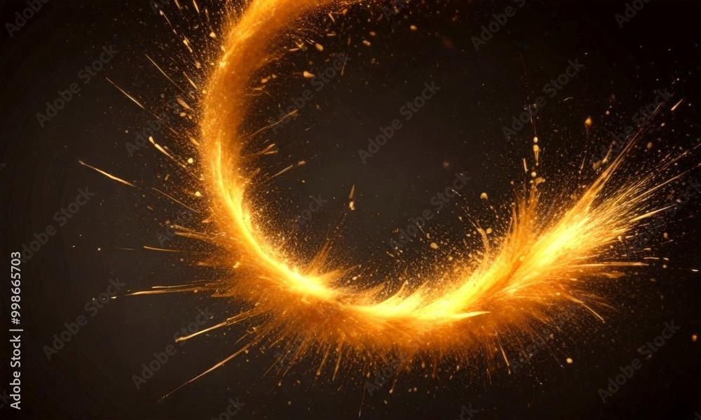 Poster a dynamic scene golden ring-like shape, radiating outwards from a central point against a dark backg