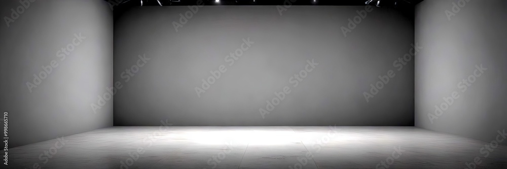 Poster an empty room with a gray wall and a concrete floor, illuminated by two spotlights on the ceiling