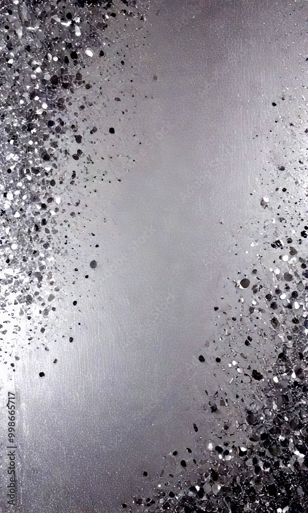 Poster a textured gray background with scattered silver glitter particles on the right side, creating a dynamic and sparkling effect