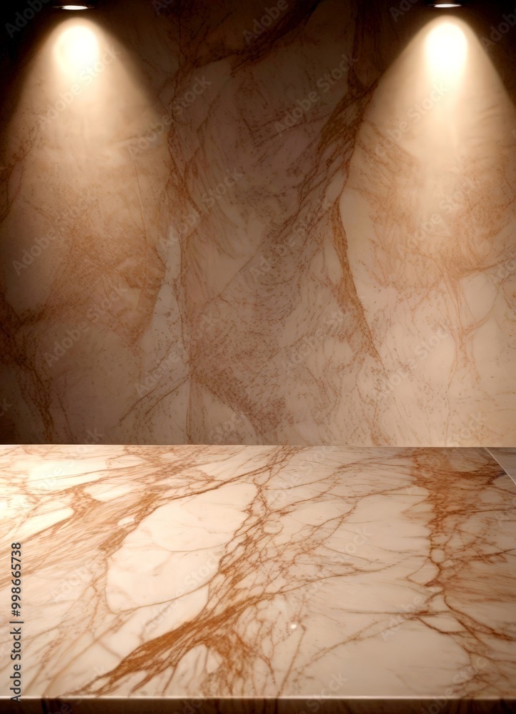 Poster a marble countertop with a textured, marbled pattern, and two spotlights shining down on it, creating a warm, inviting ambiance
