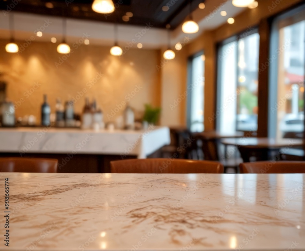 Poster a blurred view restaurant interior, with a marble countertop in the foreground and a blurred backgro