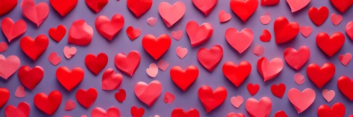 A pattern of pink paper hearts of various sizes and shapes, scattered across a purple background