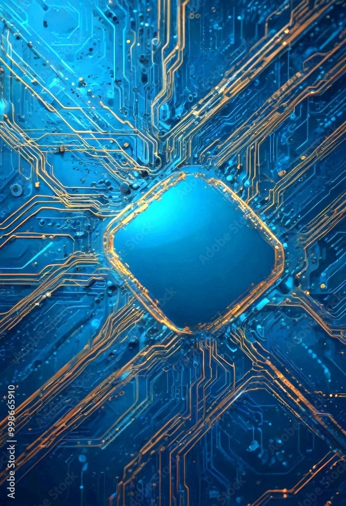 Aufkleber a digital circuit board with a central square, surrounded by a complex network of interconnected lines and traces The background is a deep blue color, with