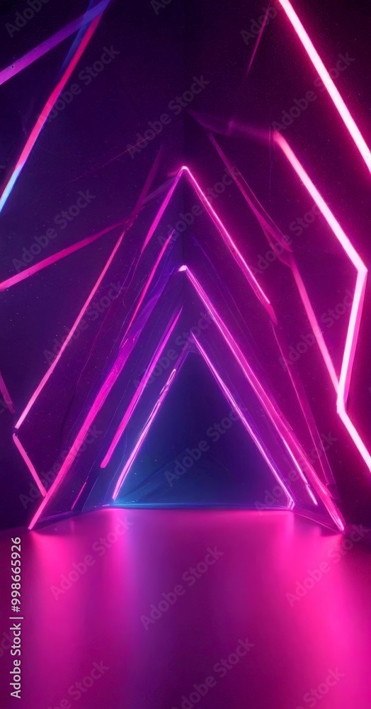 Fototapete A digital illustration neon-lit corridor with a triangular pattern of glowing lines, creating a sense of depth and movement