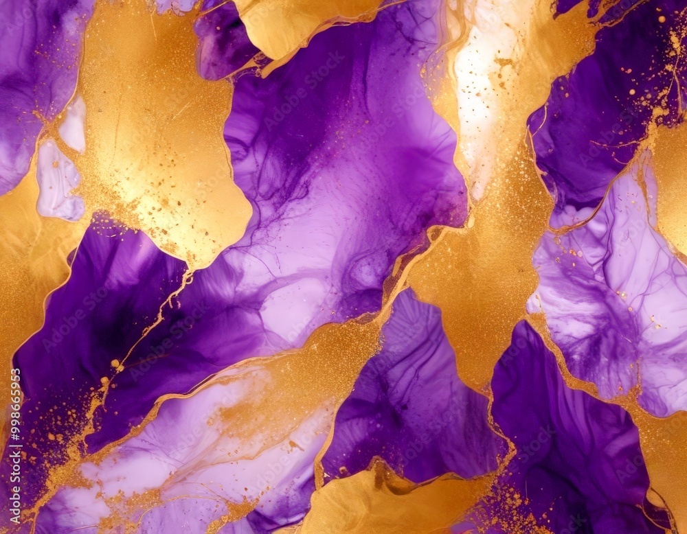Aufkleber a vibrant abstract pattern composed of purple and gold hues, with splashes of gold and white adding depth and texture to the composition