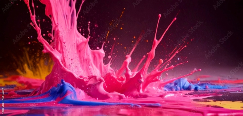 Poster a splash of vibrant pink and blue paint creates a dynamic and colorful scene against a dark backgrou