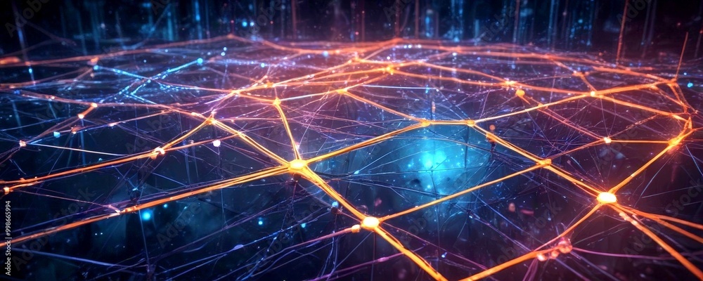 Poster a digital illustration network of interconnected lines and dots, creating a complex web-like structure The lines and dots are arranged in a