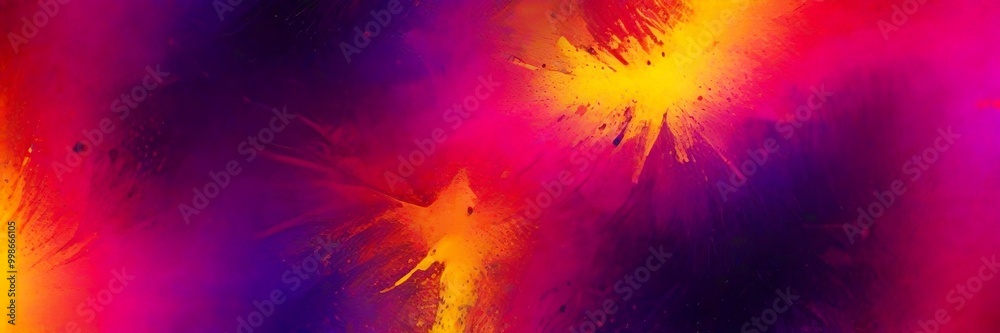 Poster a vibrant abstract background with splashes of color, including shades of purple, yellow, and pink, 