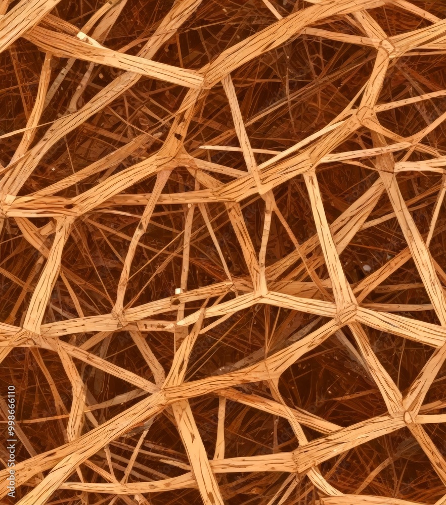Poster a close-up view complex network of thin, intersecting wooden or straw-like strands, creating a textured and intricate pattern