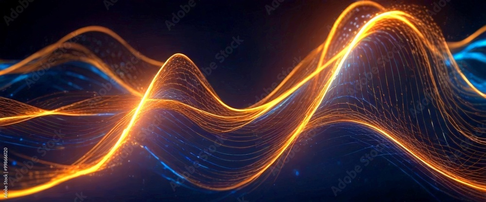 Poster a digital illustration wave-like pattern composed of lines and curves, with a gradient of colors tra