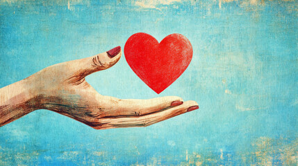 Vintage postcard. Random Acts of Kindness Day. A heart on the palm. International Day to Assist the Poor. World Humanitarian Day. Charity Day