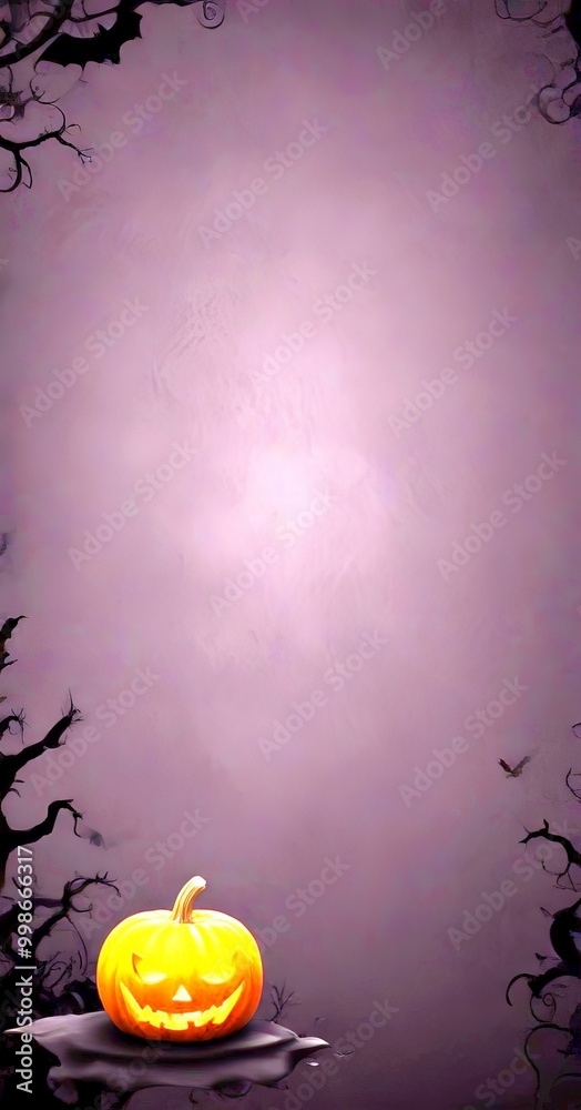 Poster a carved jack-o'-lantern sits on a black surface, its mouth agape and eyes glowing with an eerie lig