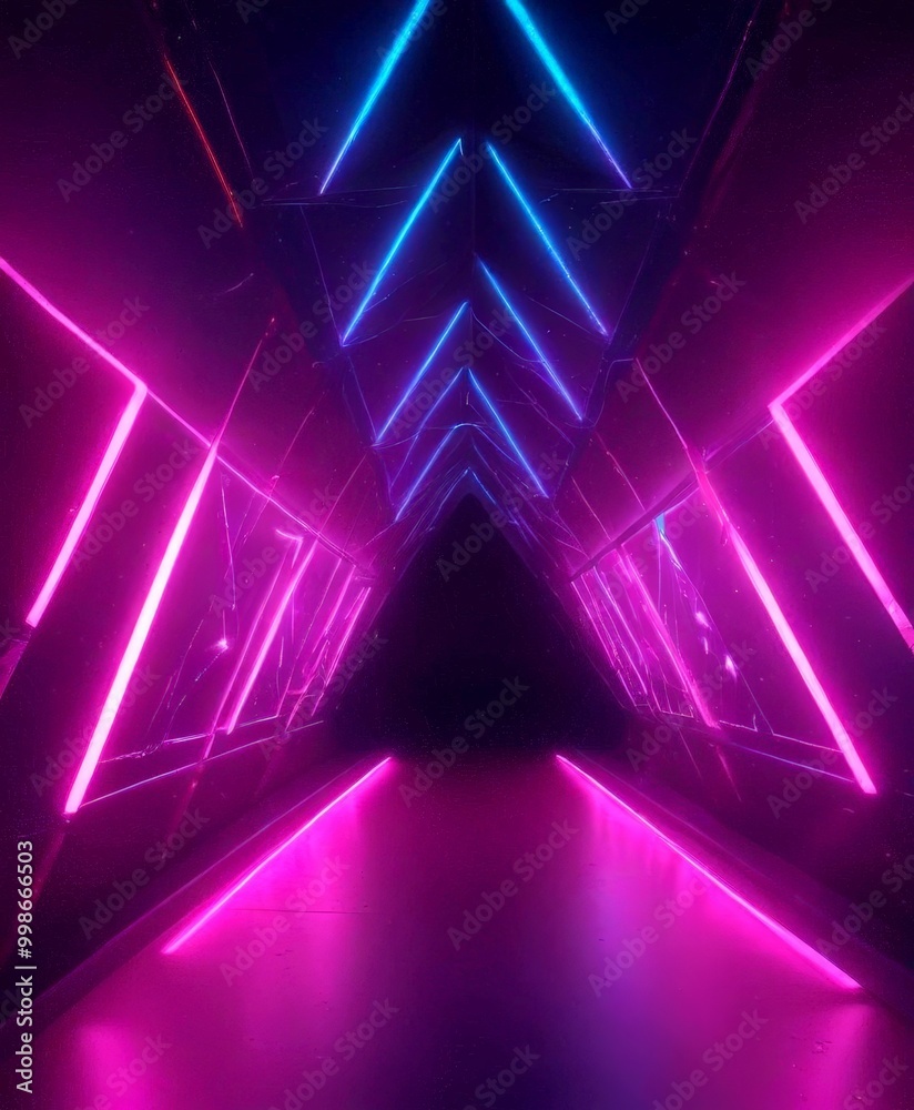 Poster A futuristic corridor with a geometric pattern of intersecting lines and glowing neon lights in shades of pink and blue