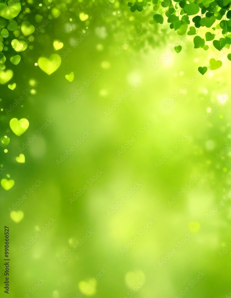 Poster a blurred green background with scattered heart-shaped lights, creating a soft, dreamy effect
