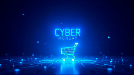 An Illustration of a Neon shopping cart with a neon text CYBER MONDAY on dark blue background