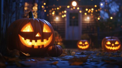 Halloween pumpkins in a yard at night illuminated by moonlight