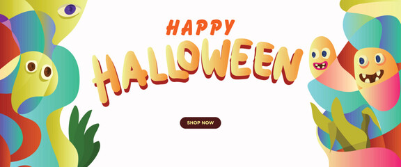 Fototapeta premium Creatures Halloween Theme concept. abstract geometric liquid form. monster halloween with hand drawn banner template vector illustration.
