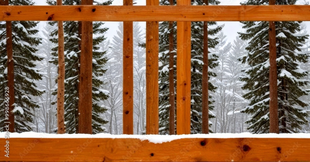 Poster a wooden fence with vertical slats stands in the foreground, framing a snowy forest scene with tall 