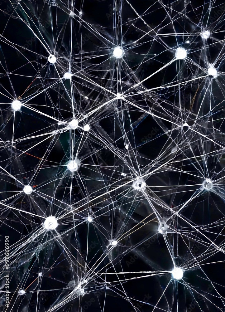 Poster a close-up view network of interconnected white dots or points, resembling a web or a network of nerves, against a dark background