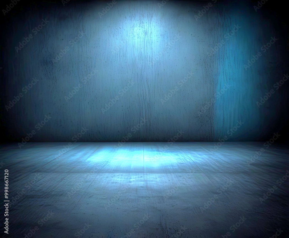 Poster a dark, empty room with a single light source on the left side, casting a blue glow on the wooden fl
