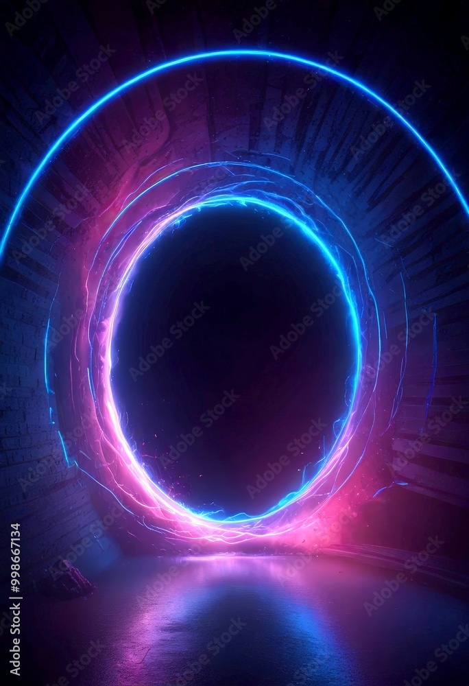 Poster a futuristic, neon-lit tunnel with a circular opening at the center, surrounded by a vibrant display