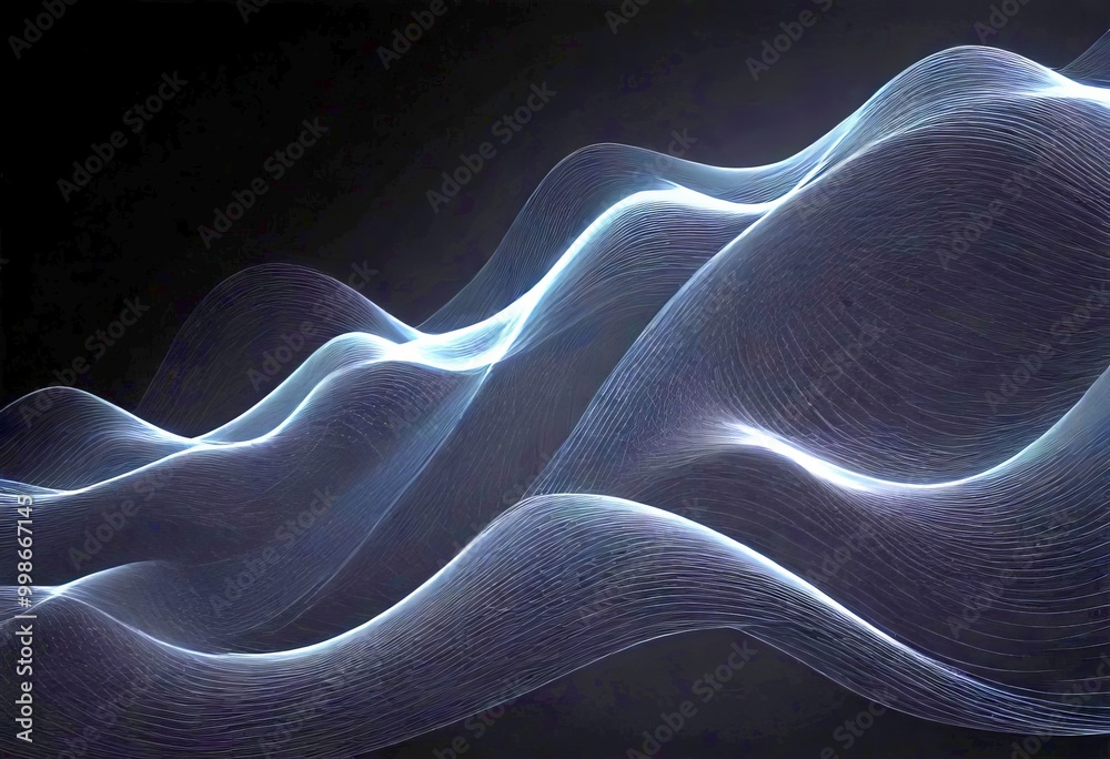 Poster a dark, abstract background with a wave-like pattern of white lines, creating a sense of movement and fluidity