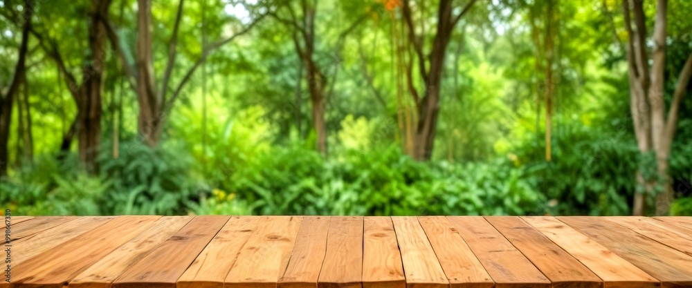 Poster A wooden table sits in the foreground, its surface reflecting the lush greenery verdant forest The background is a blur of trees and foliage, creating a sense of depth