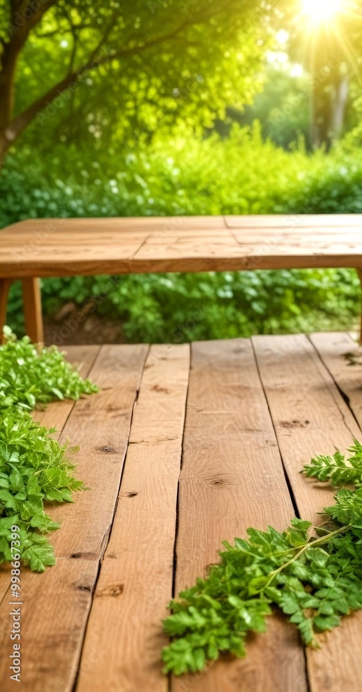 Poster a wooden picnic table set in a lush garden, with green leaves scattered around the table and a backd