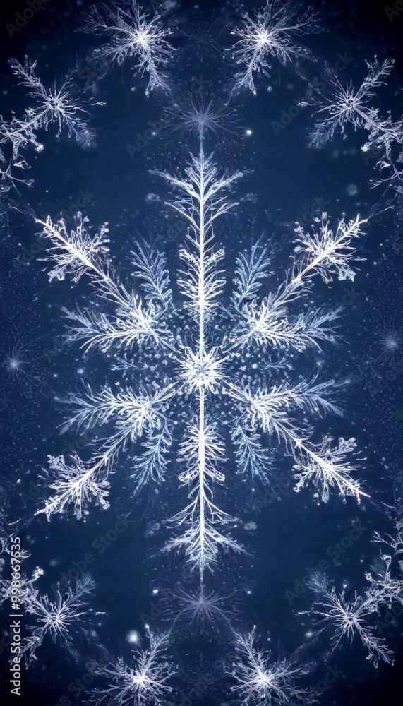 Poster A symmetrical snowflake pattern with intricate branches and delicate snowflakes against a dark blue background