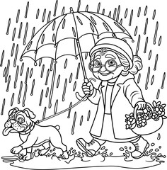 Grandma with a dog in the rain. Coloring page. Vector illustration.