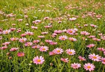 Obraz premium A field of pink daisies with yellow centers, set against a green background