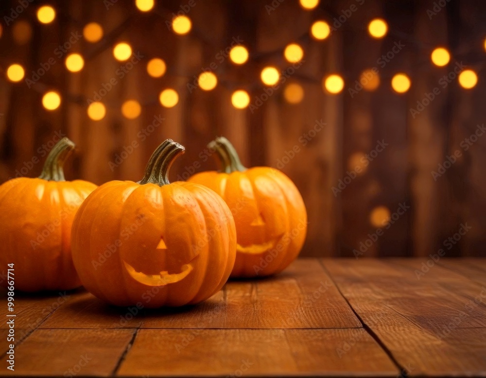 Poster three carved pumpkins with a smiling jack-o'-lantern face sit on a wooden table, with a background o
