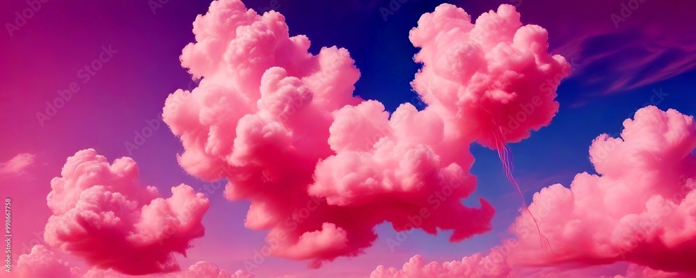 Poster a serene sky with fluffy pink clouds scattered across the frame, creating a dreamy and ethereal atmo