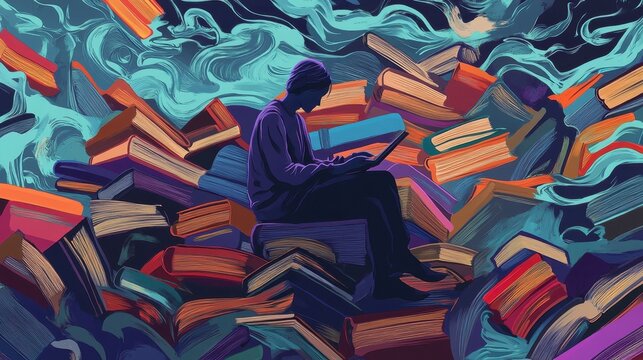 Abstract illustration of a reader lost in thought on a pile of books, representing knowledge, imagination, and discovery