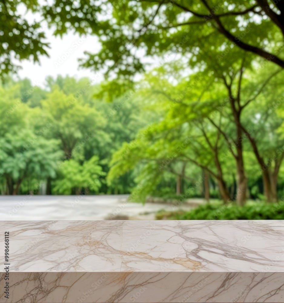Poster a marble table in the foreground with a blurred natural landscape of trees and foliage in the backgr