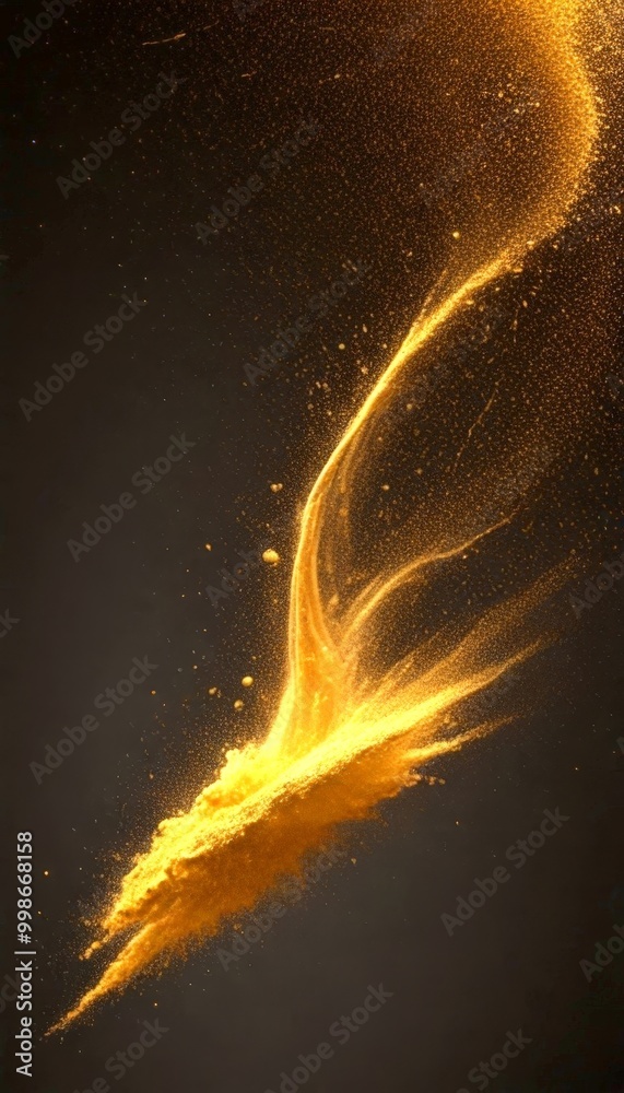 Poster a dynamic golden explosion, with a swirling pattern of particles against a dark background