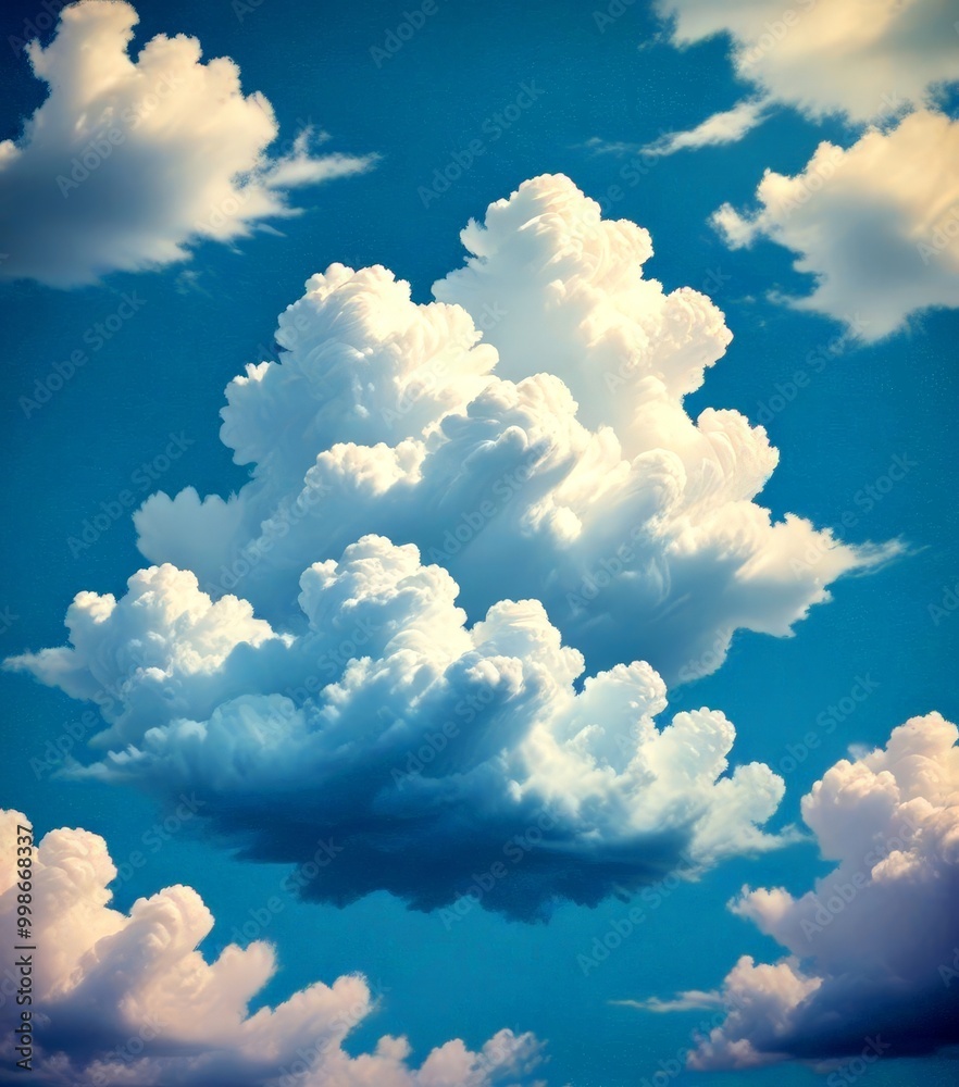 Poster a captivating sky filled with fluffy white clouds, creating a serene and dreamy atmosphere