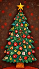 A Christmas tree adorned with a variety of colorful ornaments, including red, green, gold, and white, stands against a dark background with red and white snowflakes